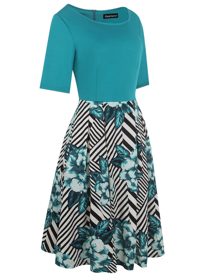 oxiuly Women's Vintage Patchwork Pockets Puffy Swing Casual Party Dress OX165 (Green, x_l) - Image 5